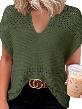 Olive Green Knit Short Sleeve Sweater